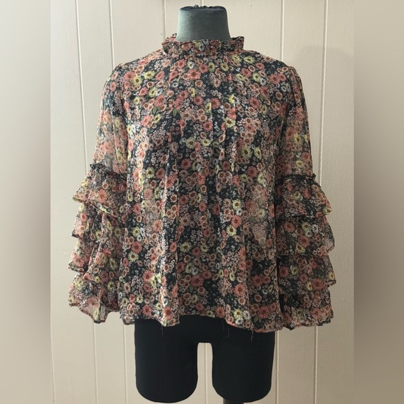 Calligraphie • Tiered Boho Ruffle Sleeve Sheer Floral Blouse - Picture 1 of 8